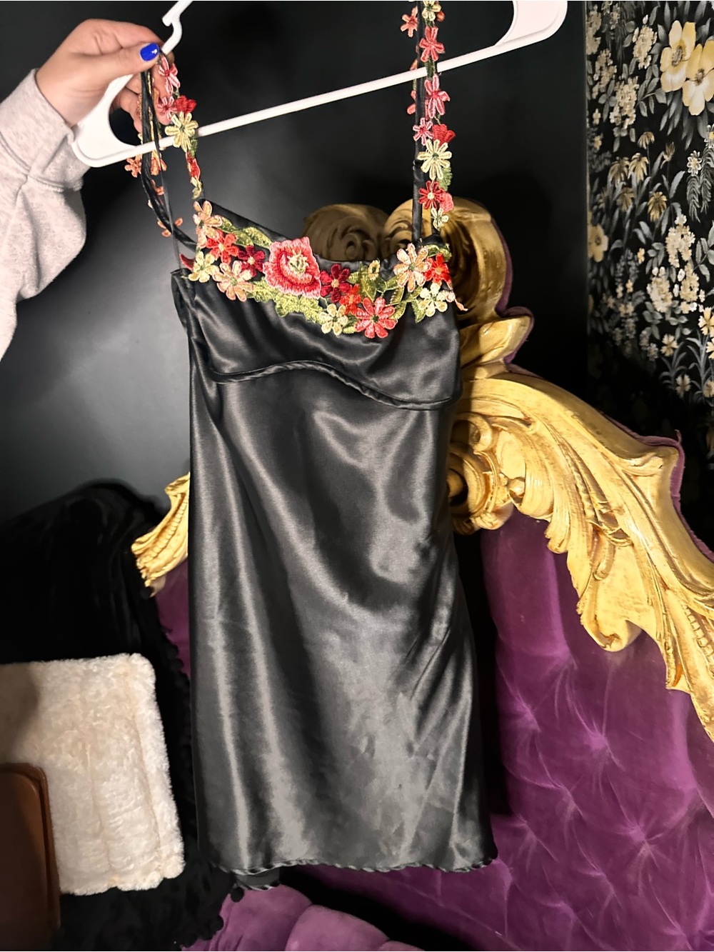 Jessica Simpson Black Satin Mini Dress with Red & Green Floral Trim